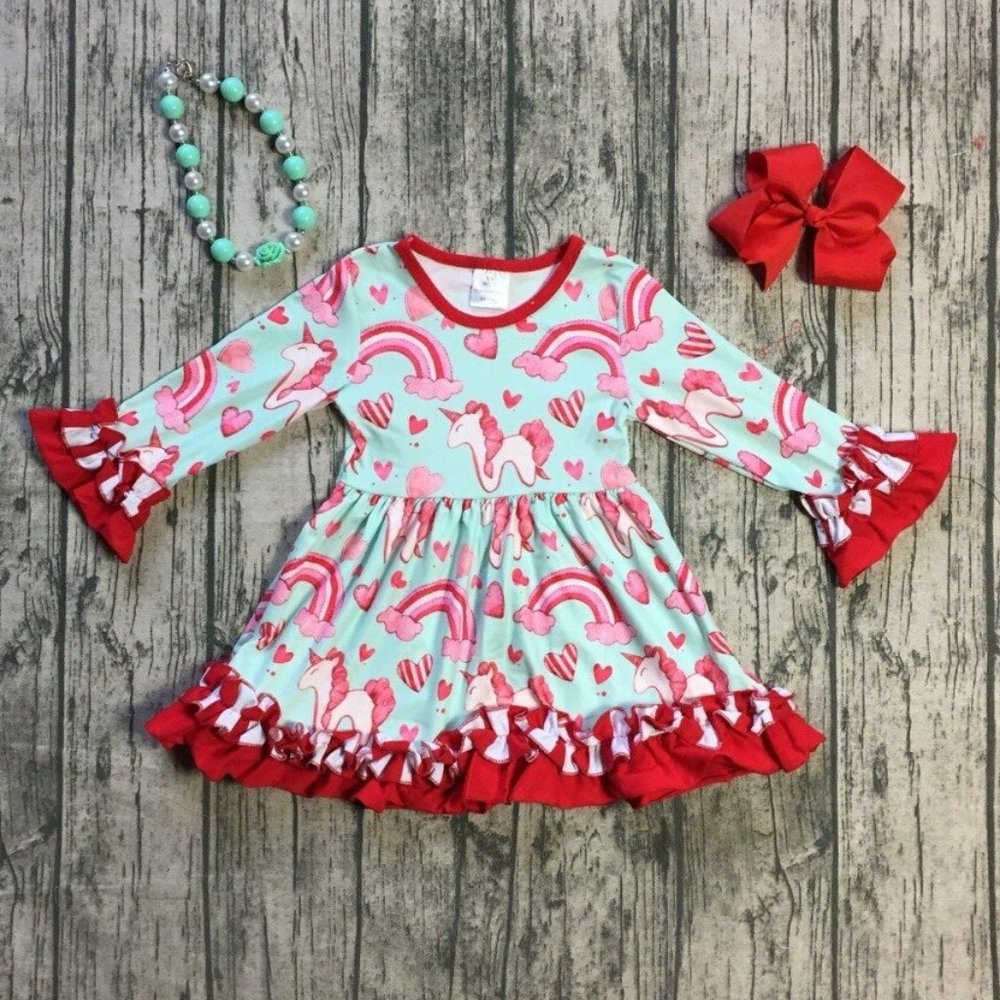 Valentine's Day Unicorn Rainbow Girls Ruffle Dress